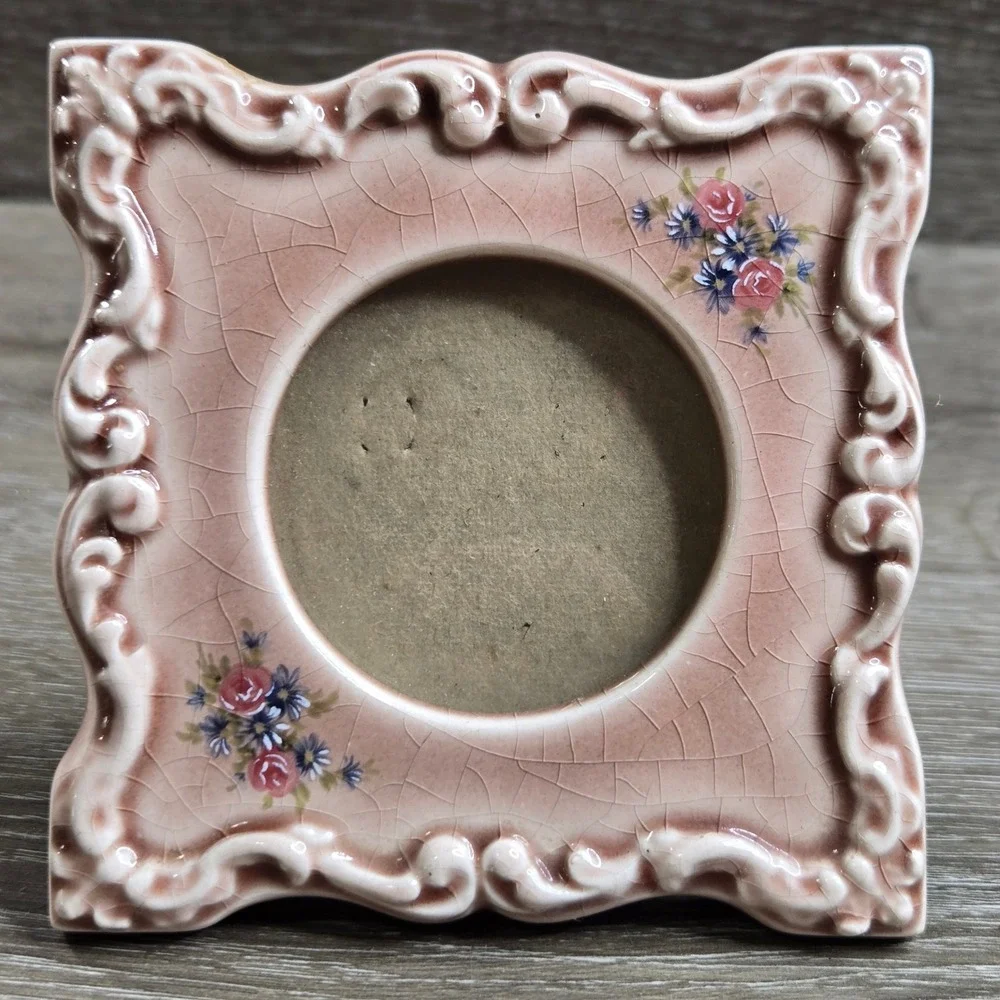 Vintage Miniature Ceramic Picture Frame Pink Crackle Glaze Floral Shabby Chic 4